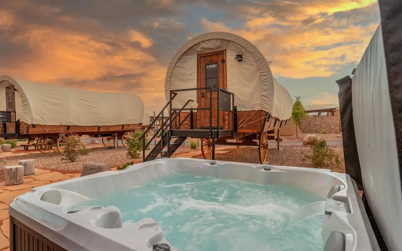 Two of the covered wagon units have hot tubs!
