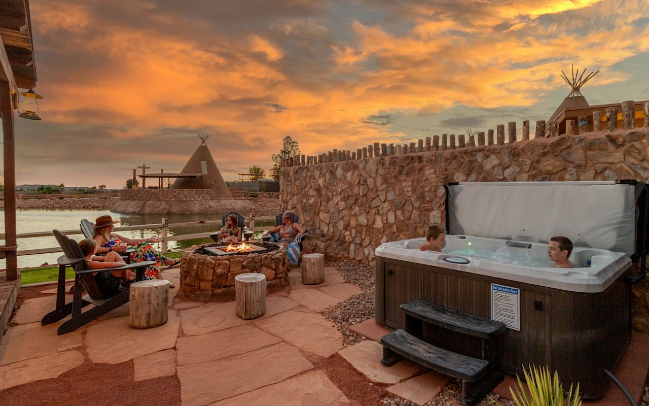 Two of the covered wagon units have hot tubs!