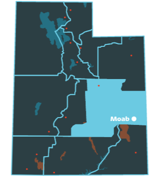 Utah's Holey Land Region Map - Moab is the major city 