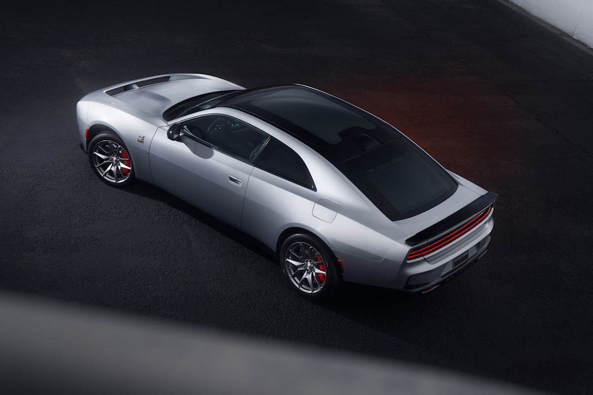 An overhead view of the full-length glass roof on the all-new Dodge Charger EV