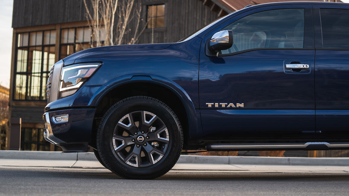 A blue 2021 Nissan Titan