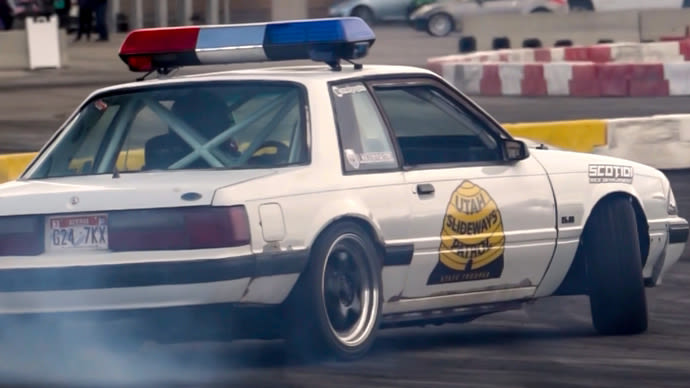 A 1988 Mustang once used as a highway patrol vehicle gets a new life as a racetrack drifter dubbed "Utah Slideways Patrol." 