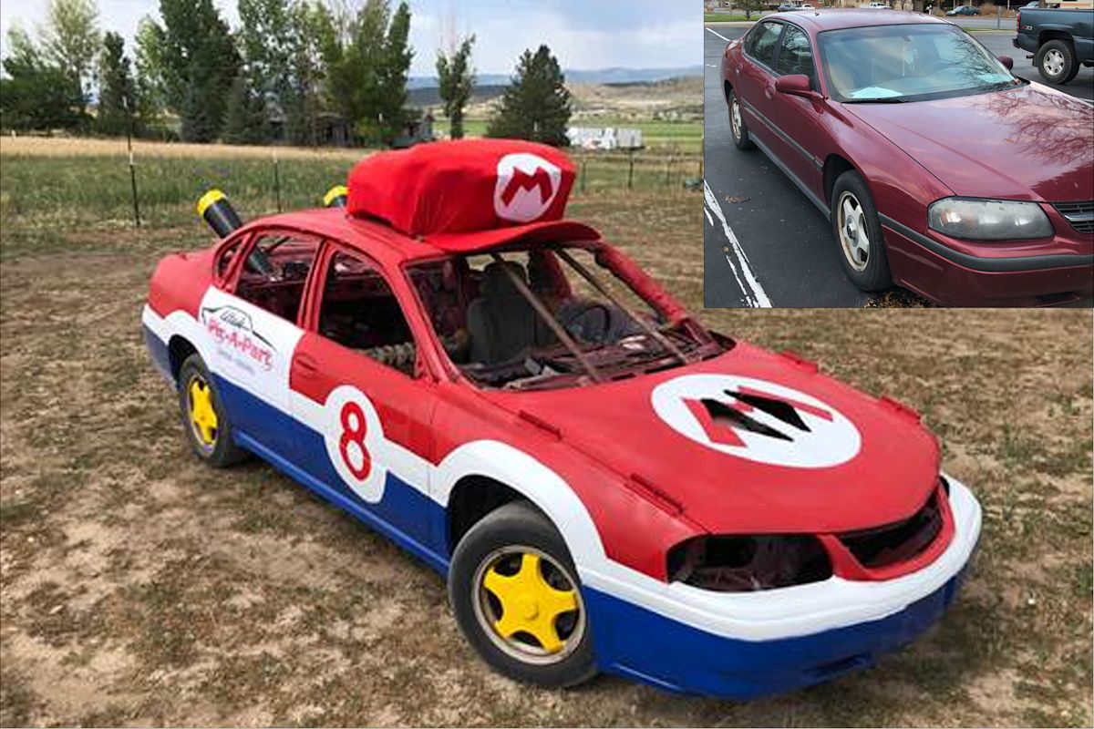 A Chevy Impala purchased from KSL Cars was transformed into a Mario Kart Wonder for the Fairview Demolition Derby in Fairview, Utah.