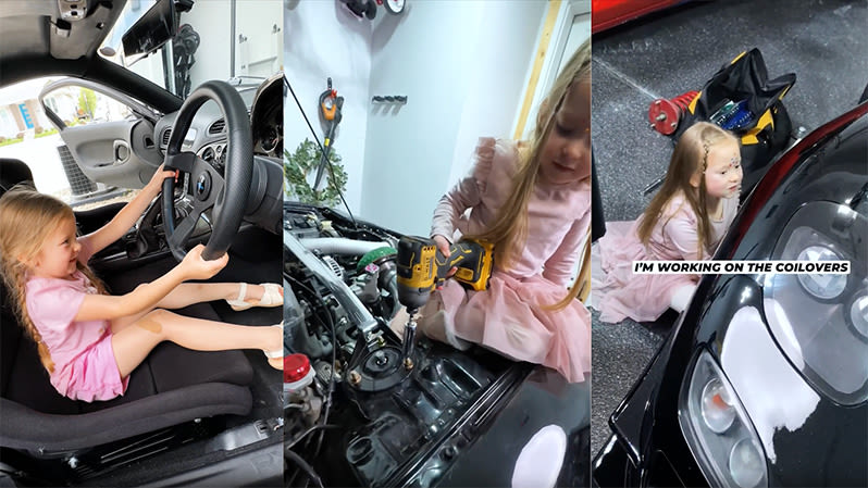 Three photos of a six-year-old girl helping in the garage. On the left, she's pretending to drive. In the middle, she is using a power drill. On the right, she is working on the wheels.