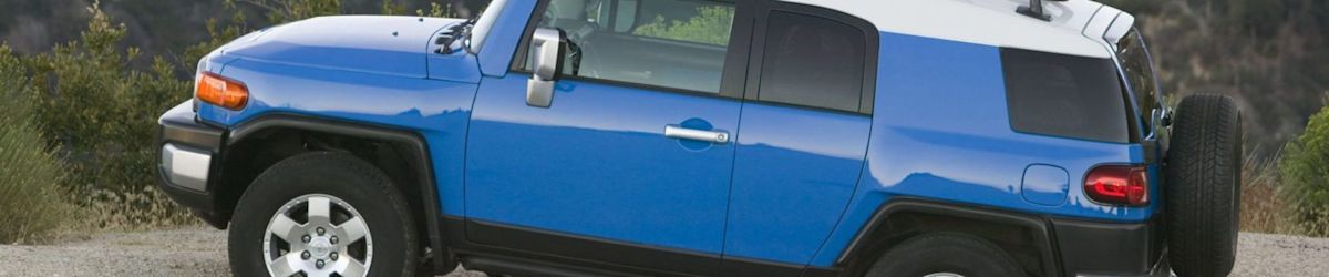 A blue FJ Cruiser sits parked on a mountain street