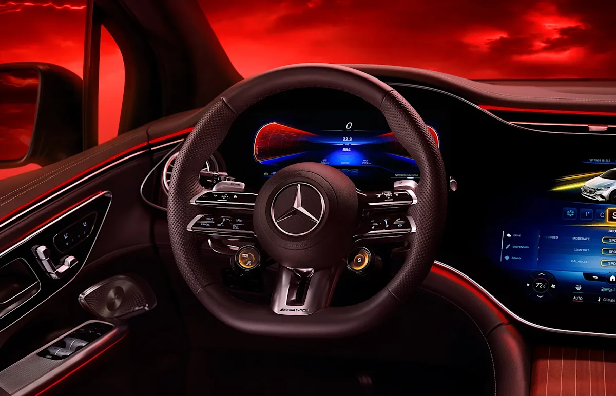 2024 Mercedes-Benz AMG EQE steering wheel, this luxury electric SUV worth the premium price.