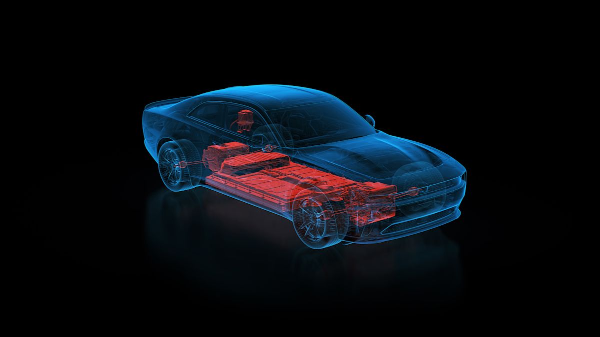 Schematics of the new Dodge Charger EV, with its STLA large platform shown in red