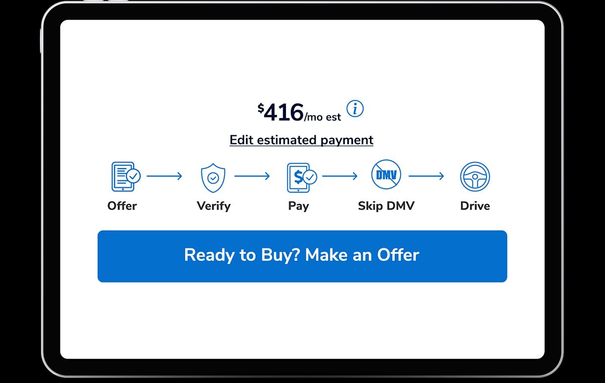 Screen showing estimated monthly payment and steps to complete a transaction on KSL Cars.