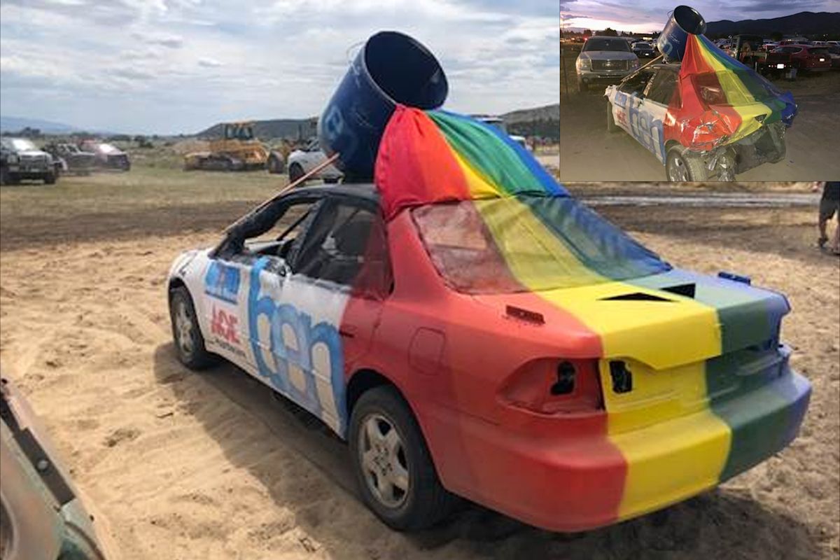 This Honda Civic was transformed into a rainbow car for the Fairview City Demolition Derby in Utah.