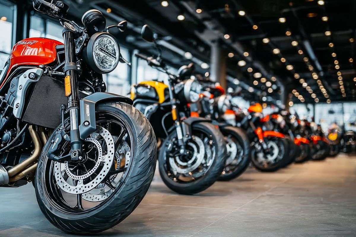 A line of motorcycles displayed at an expo